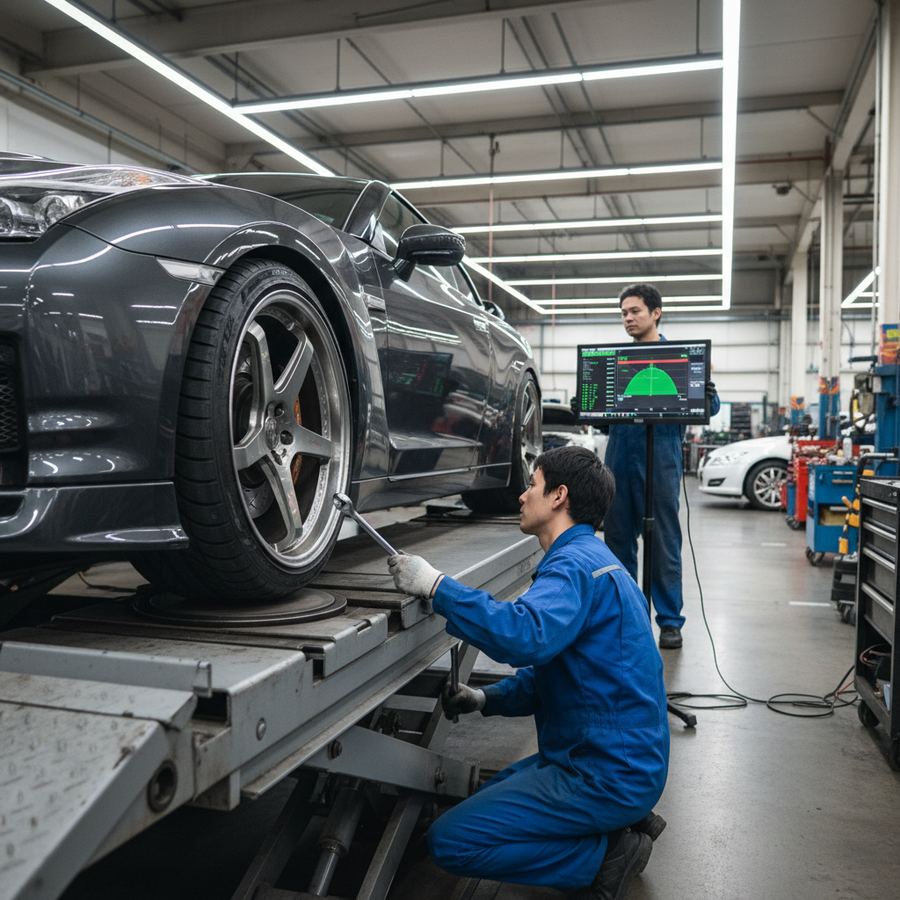 Front wheel showing negative camber on an alignment rack