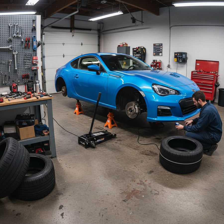 Car on jack stands in a garage being prepared for autocross