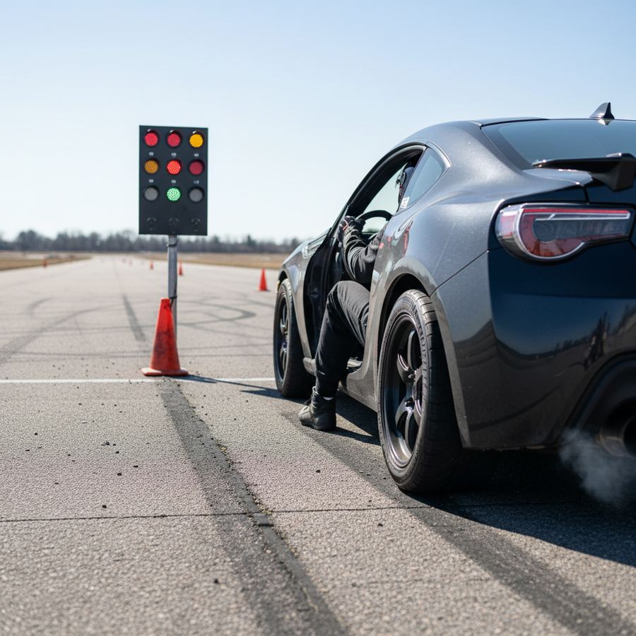 A Mazda Miata staged at the start line of an autocross course marked with orange cones in a parking lot
