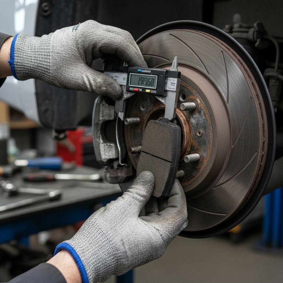 Close-up of a brake rotor being inspected for wear and hot spots