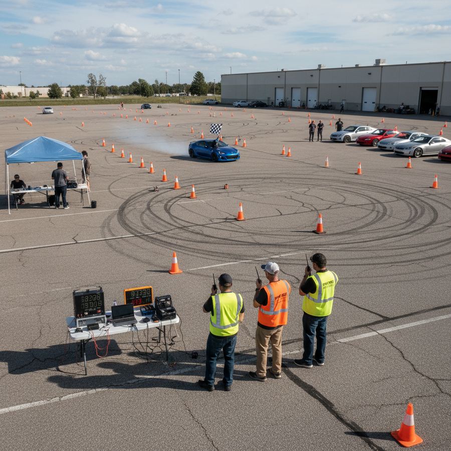 Volunteers setting up orange cones on a parking lot for an autocross course