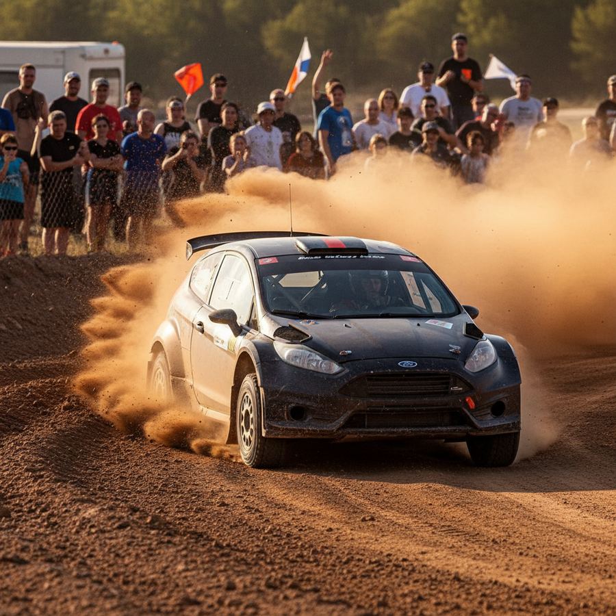 A Subaru Impreza sliding through a dirt and gravel rallycross course with dust trailing behind it