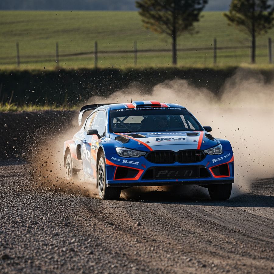 Car kicking up dirt and grass during a rallycross run