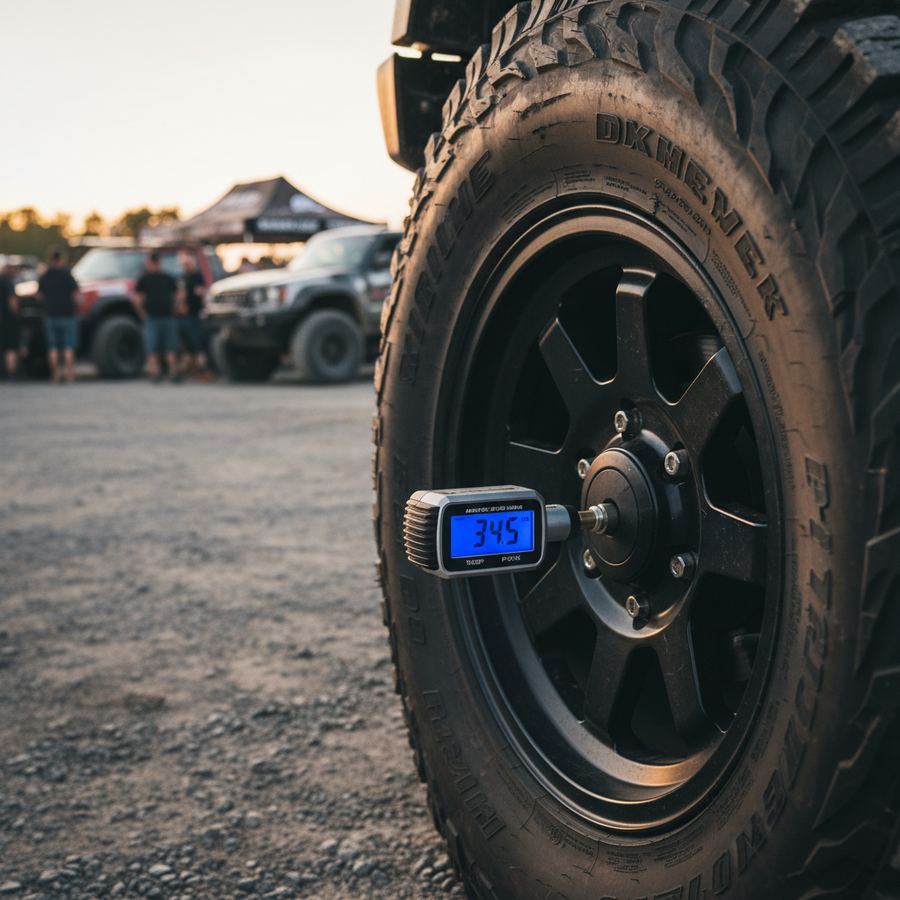 Checking tire pressure with a dial gauge before an autocross event