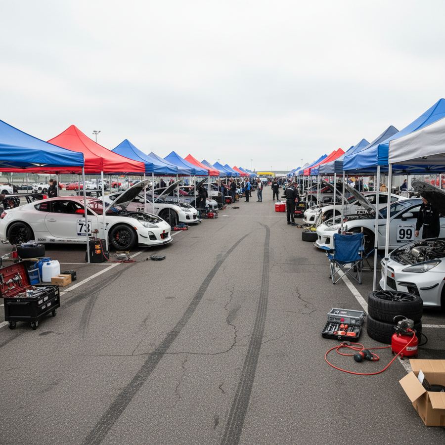 Cars lined up in the paddock before a track day event