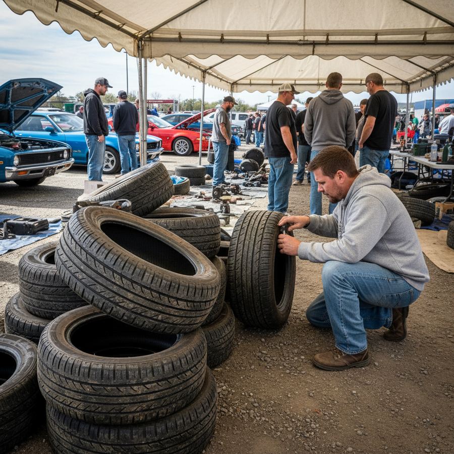 Set of four used performance tires stacked in a garage next to a set of wheels