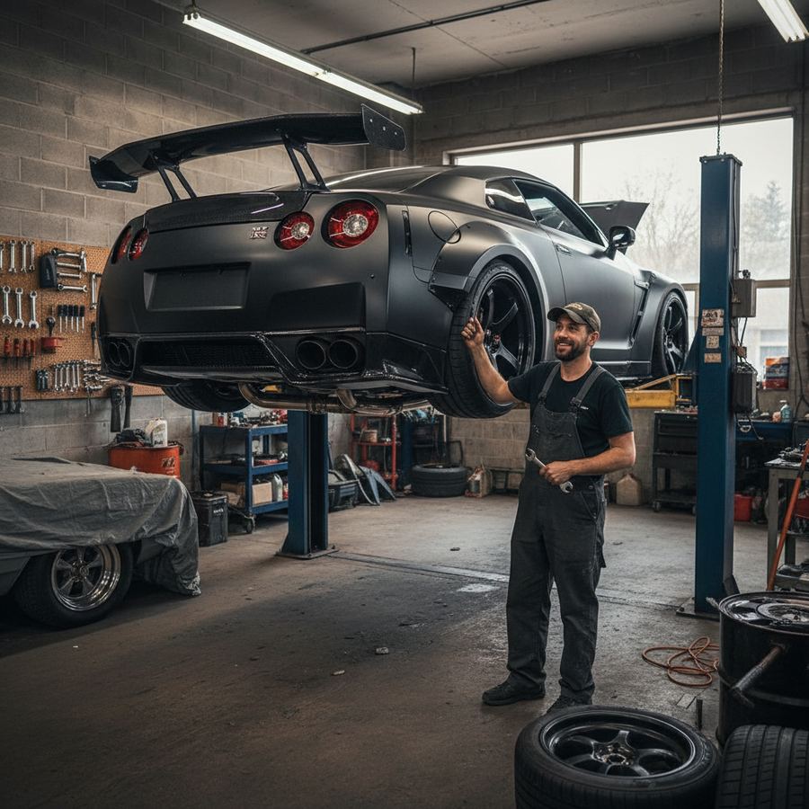 Performance car on a lift in a clean shop with alignment equipment visible