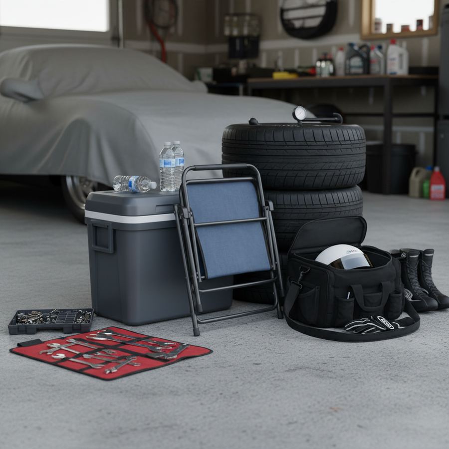 Folding chair, cooler, and gear bag set up next to a car in an autocross paddock