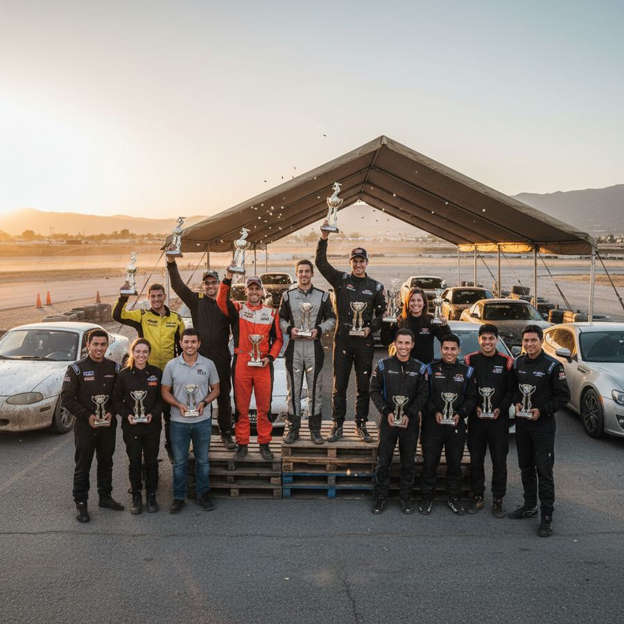 Row of daily drivers lined up at an autocross event in a parking lot