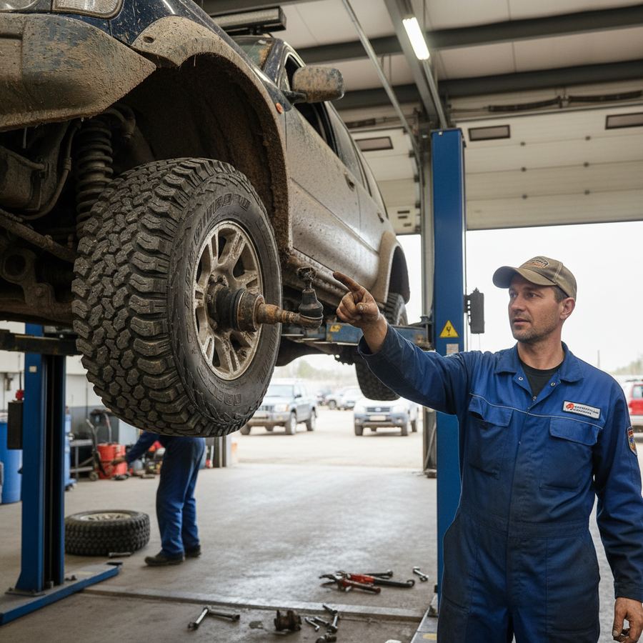 Mechanic inspecting the underside of a car on a lift before a track day